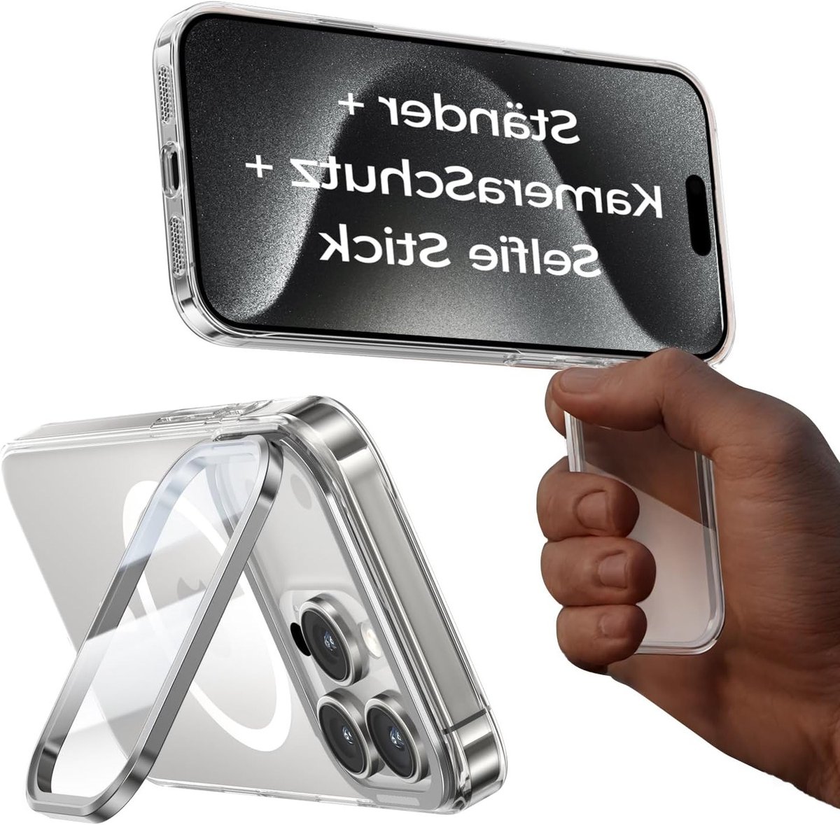 Magnetische hoes voor iPhone 15 Pro met volledige camera bescherming, 180° opvouwbare standaard en stof- en valbescherming, helder ontwerp