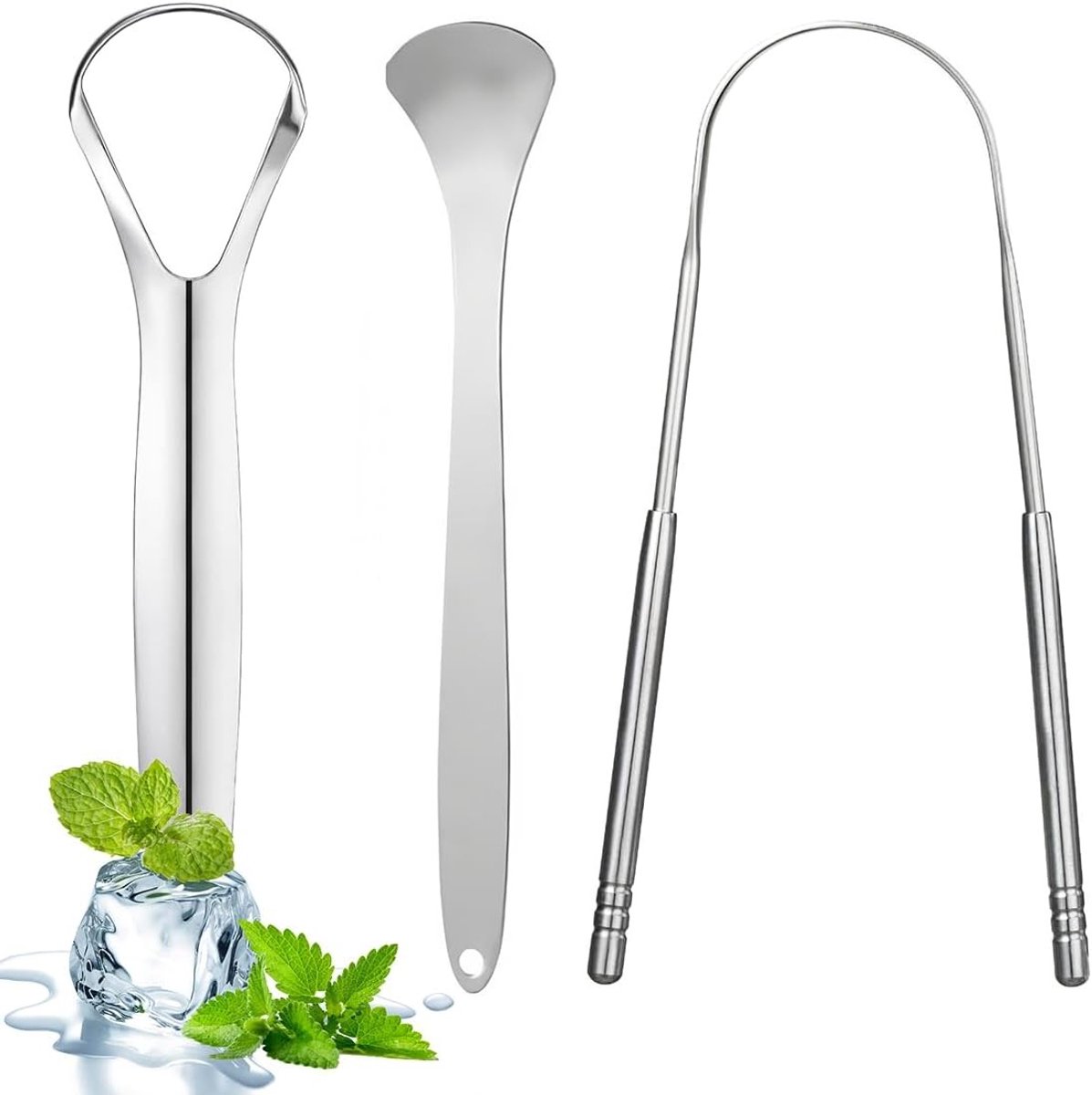Tongreiniger Set - Mondverzorging - Frisse Adem - Roestvrij Staal - 3 Stuks - Zilver
