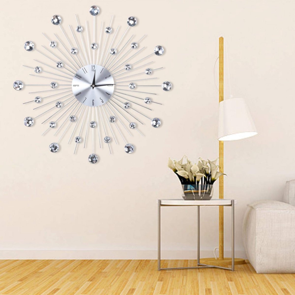 Dailygoody - Wandklok - Wanddecoratie - Grote cijfers - Sprankelend - Stille wandklok - Geschikt voor keuken - Zilveren diamant