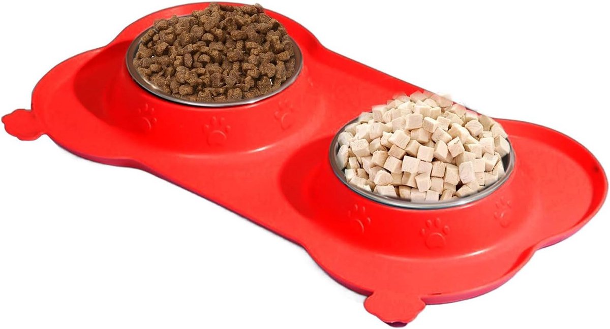 Dubbele Honden Eetbak - Voerbak Huisdier - Hygiënisch Eten - Niet Glijdende Onderplaat - 35x19 cm - Rood