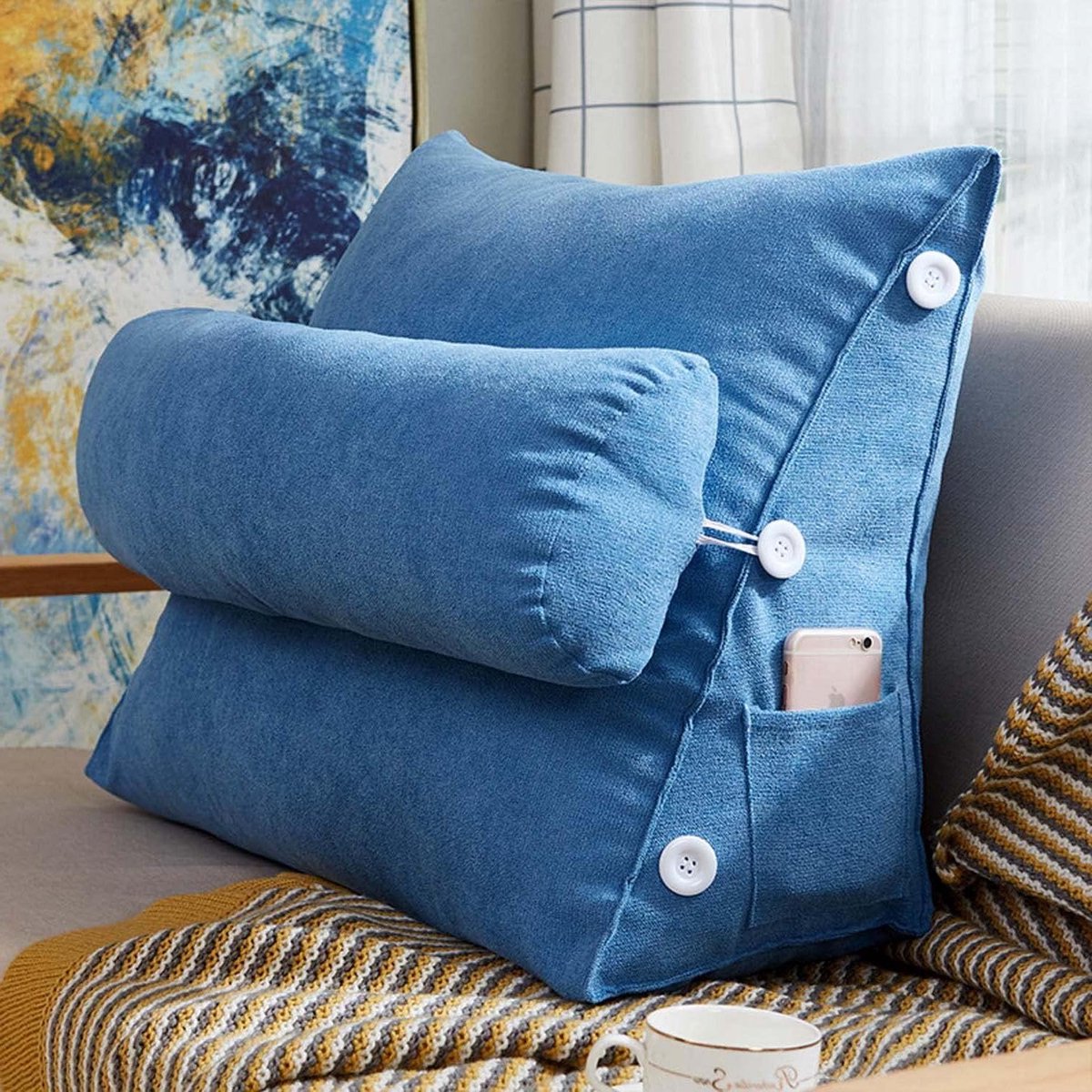Wigkussen - Leeskussen rugsteun - Ontspannen lezen - Verstelbare neksteun - 60 x 50 x 22 cm - Blauw
