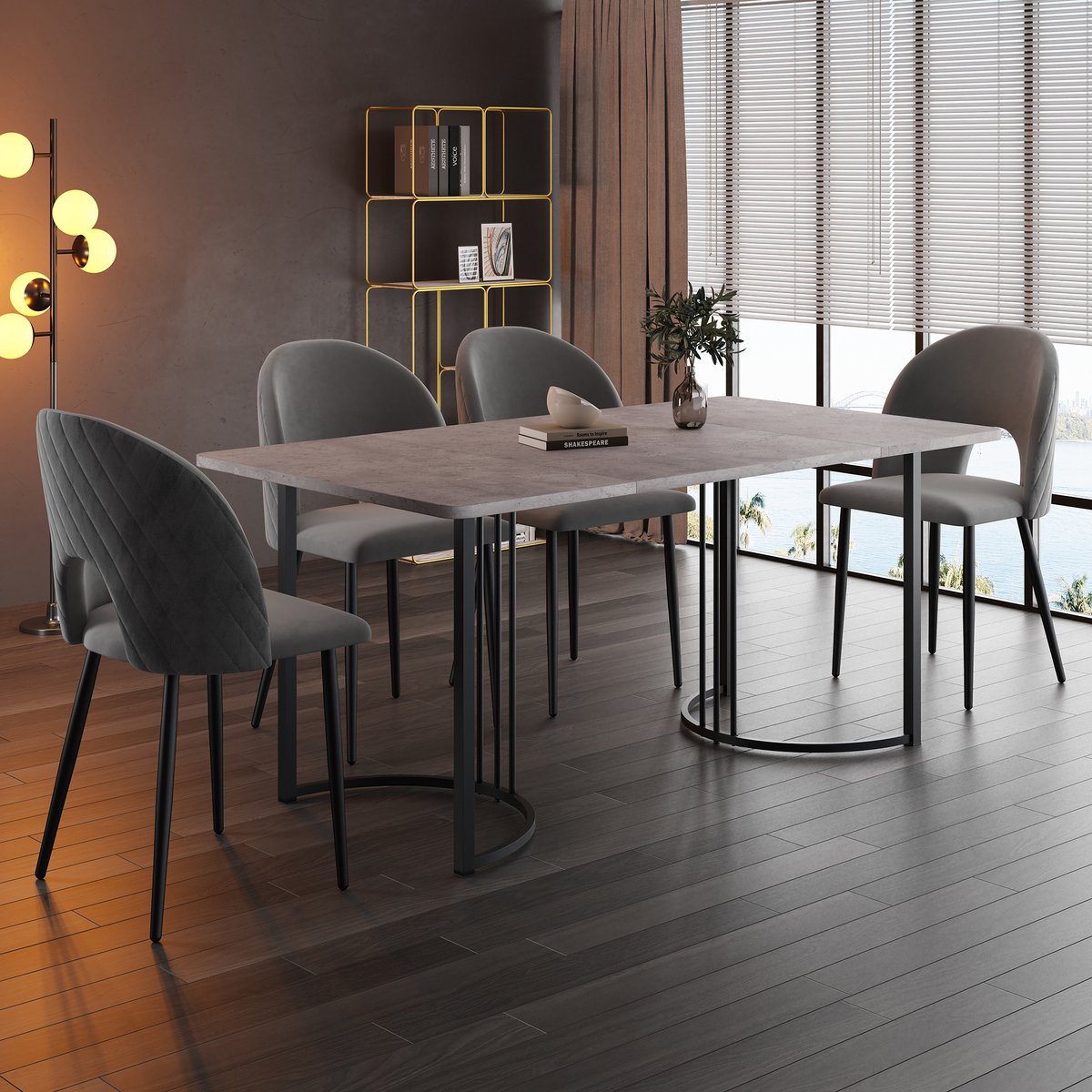 Eettafelset - 1 eettafel met 4 stoelen - grijze eetstoelen met rugleuning - verstelbare stoelpoot - grijs tafelblad en zwarte tafelpoten