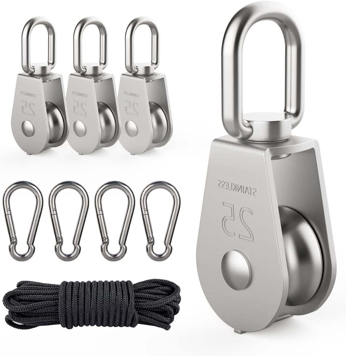 4 Stuks RVS Pulleys M25, Belasting Rollen voor Schaalriemen, Geïnstalleerde Pulleys met Carabiners en Touw