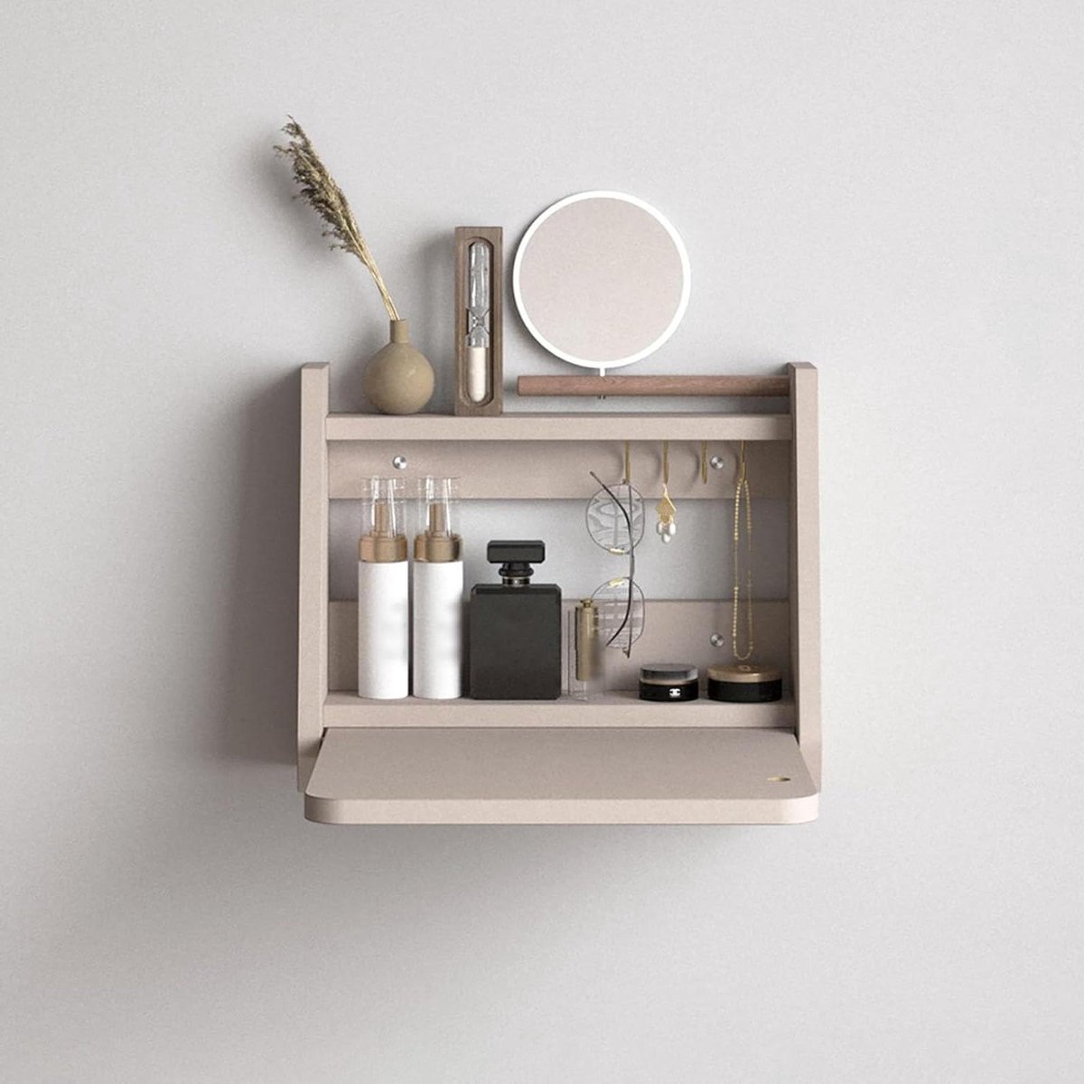 Make-uptafel met spiegel - Kaptafel dames - Schoonheidsroutine organiseren - Ruimtebesparend wandmodel - Compact design - Houtkleur