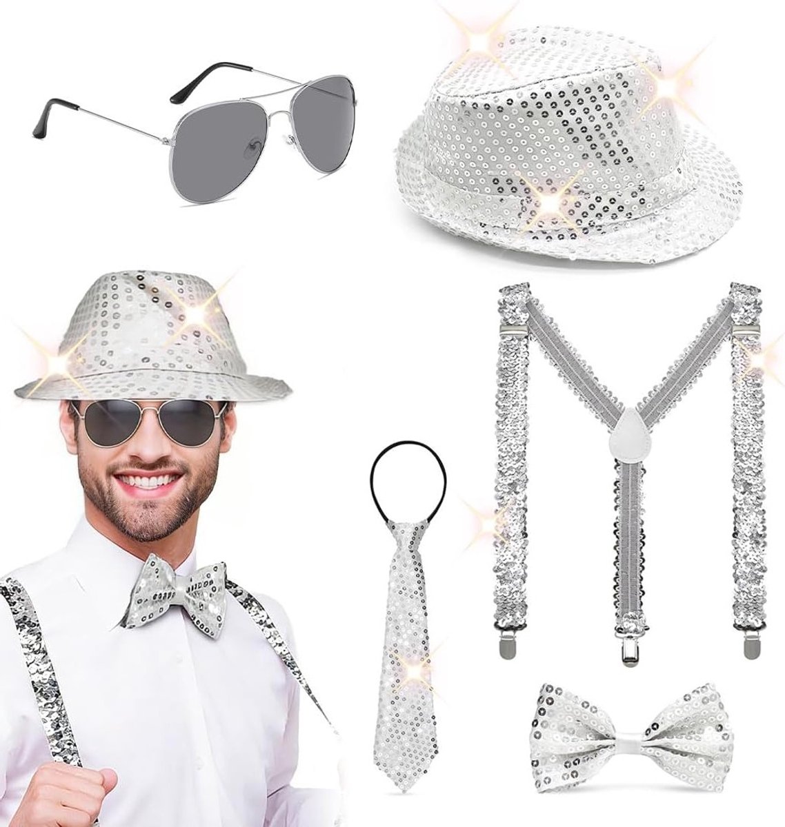 Glamoureuze 5-delige disco set voor mannen met zilveren pailletten, hoed, bretels, stropdas en bril voor feesten, Halloween en speciale gelegenheden