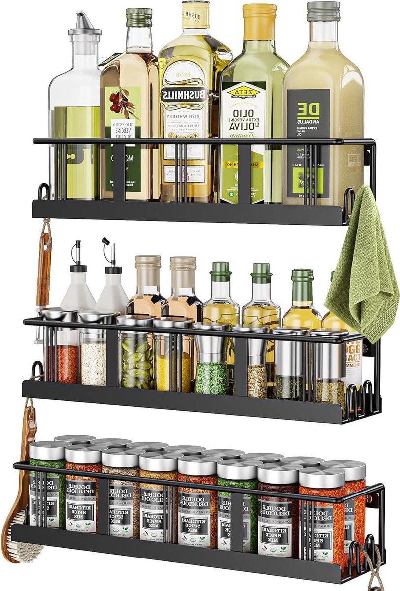 Kruidenrek Set - Keuken Organizer - Keuken Opbergen - Ruimtebesparend Ontwerp - 3-Pack - Zwart