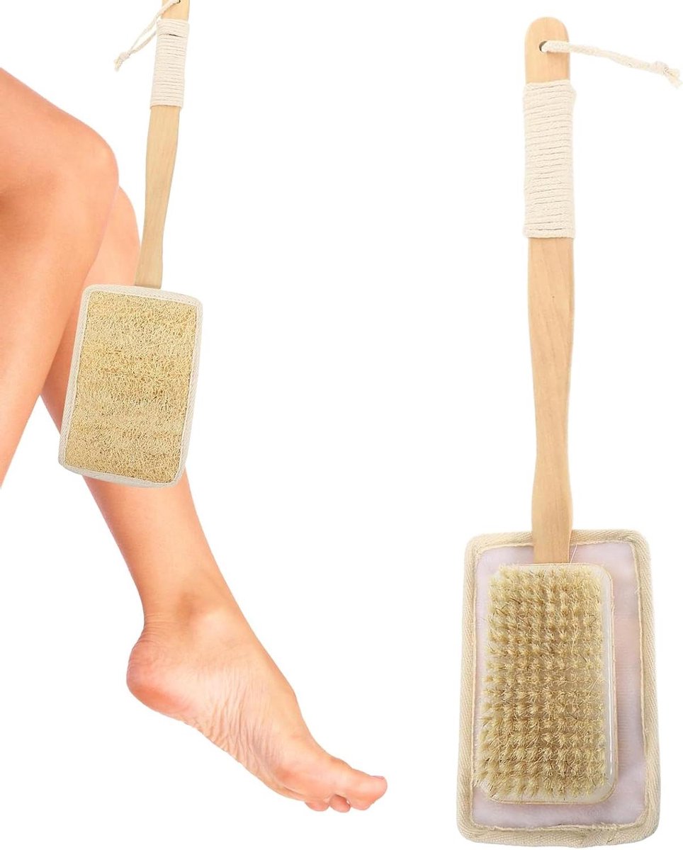 Loofah Borstel - Bad Spons - Lichaam Exfoliëren - Ergonomische Steel - 40 cm Lengte - Natuurlijk