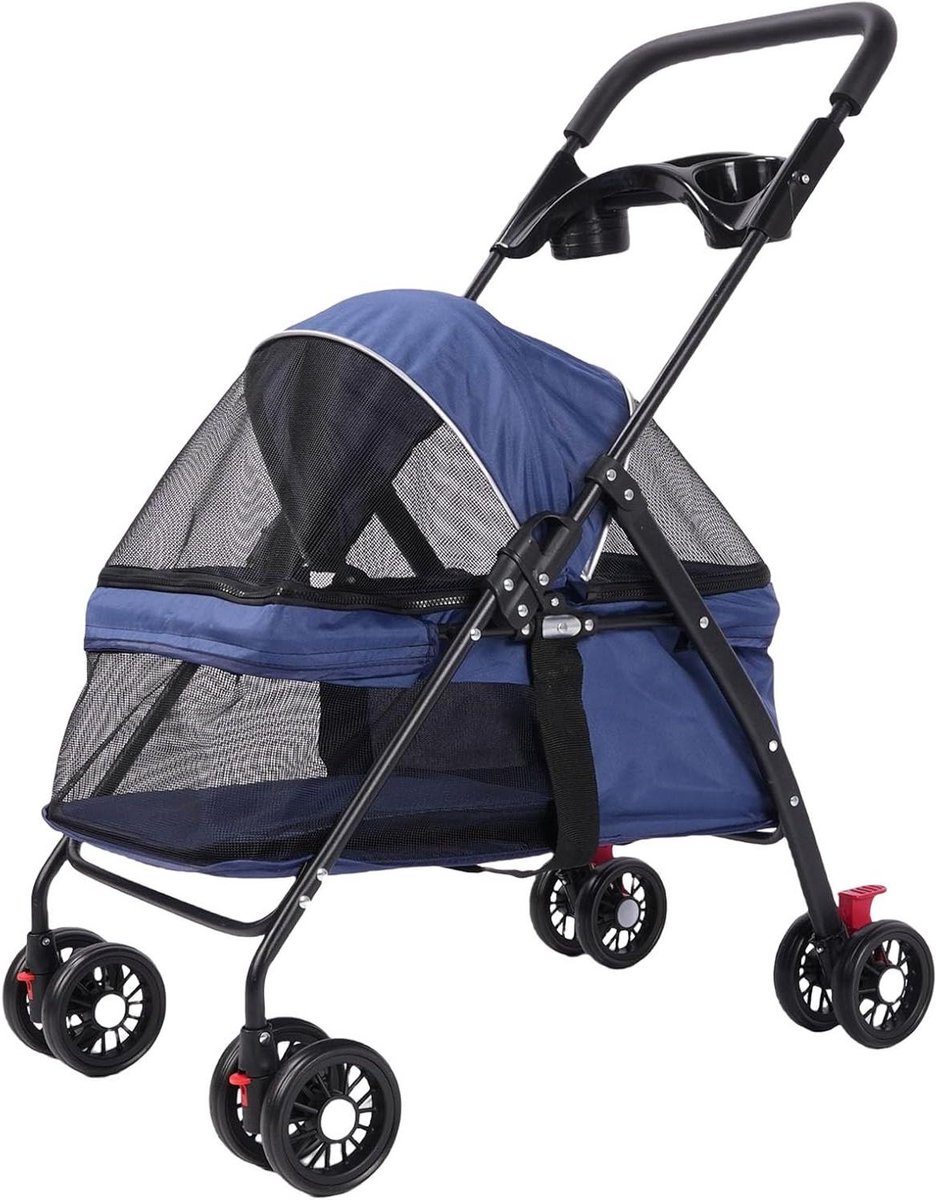 Huisdier Wandelwagen - Hondenbuggy Kattenkar - Comfortabel Vervoer - Opvouwbaar Stalen Frame - Tot 18 kg - Marineblauw