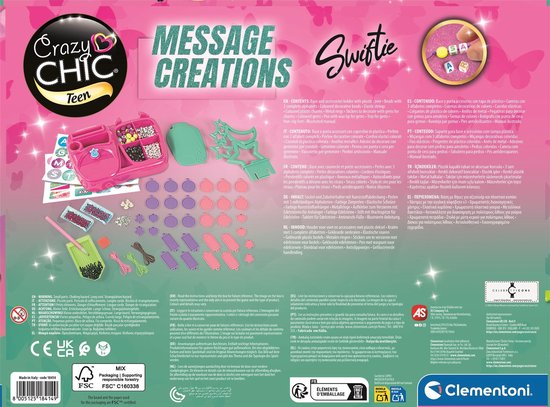 Achterkant van de doos met informatie over de set 'Crazy Chic Message Creations Switfie'.