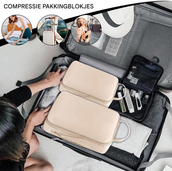 Compressie Packing Cubes - Reis Opbergzakken - Efficiënt Inpakken - Waterdicht Keperstof - 4 Stuks - Beige — afbeelding 4