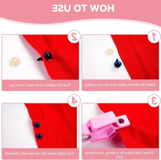 Veiligheidsogen en Neus Set voor Amigurumi Haken met 752 Stuks in Roze en Rood met Meetstaaf en Tangen — afbeelding 4