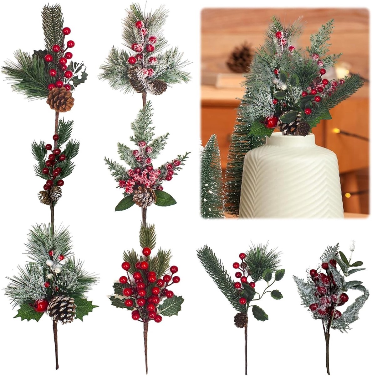 Set van 8 Kunststof Dennentakken met Kleine Rode Bessen voor Kerstdecoratie, Tafeldecoratie en Droogbloemen