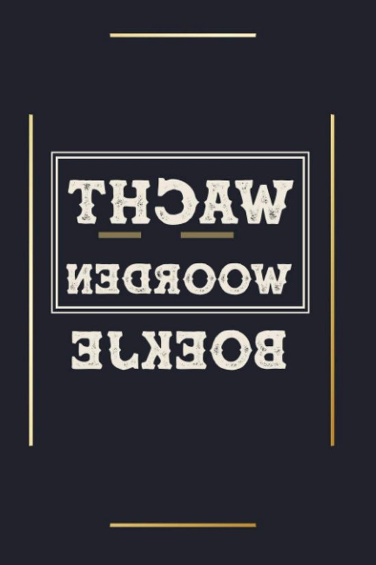 Zwart wachtwoordenboekje met in spiegelschrift de tekst 'WACHTWOORDEN BOEKJE' in een wit kader met gouden accenten.