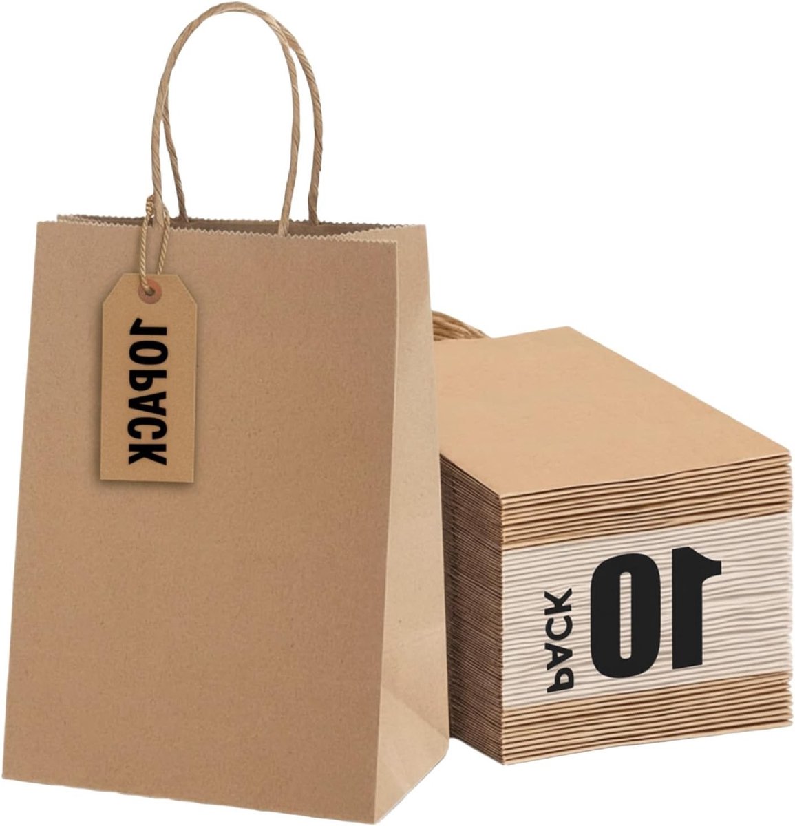 Kraftpapieren zakjes met handgrepen, 10 stuks, 15 x 8 x 21 cm, ideale cadeauzakjes voor verjaardag, bruiloft en Kerstmis