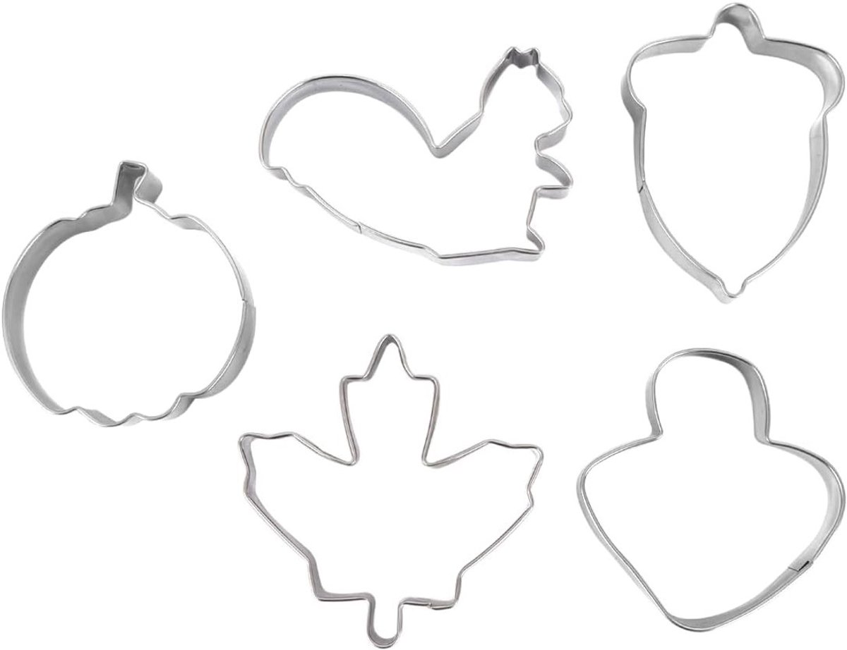 Herfstkoekjesvormpjes van roestvrij staal – 5-pack met pompoen, eekhoorn en eikel voor Halloween, Thanksgiving en vegan lekkernijen