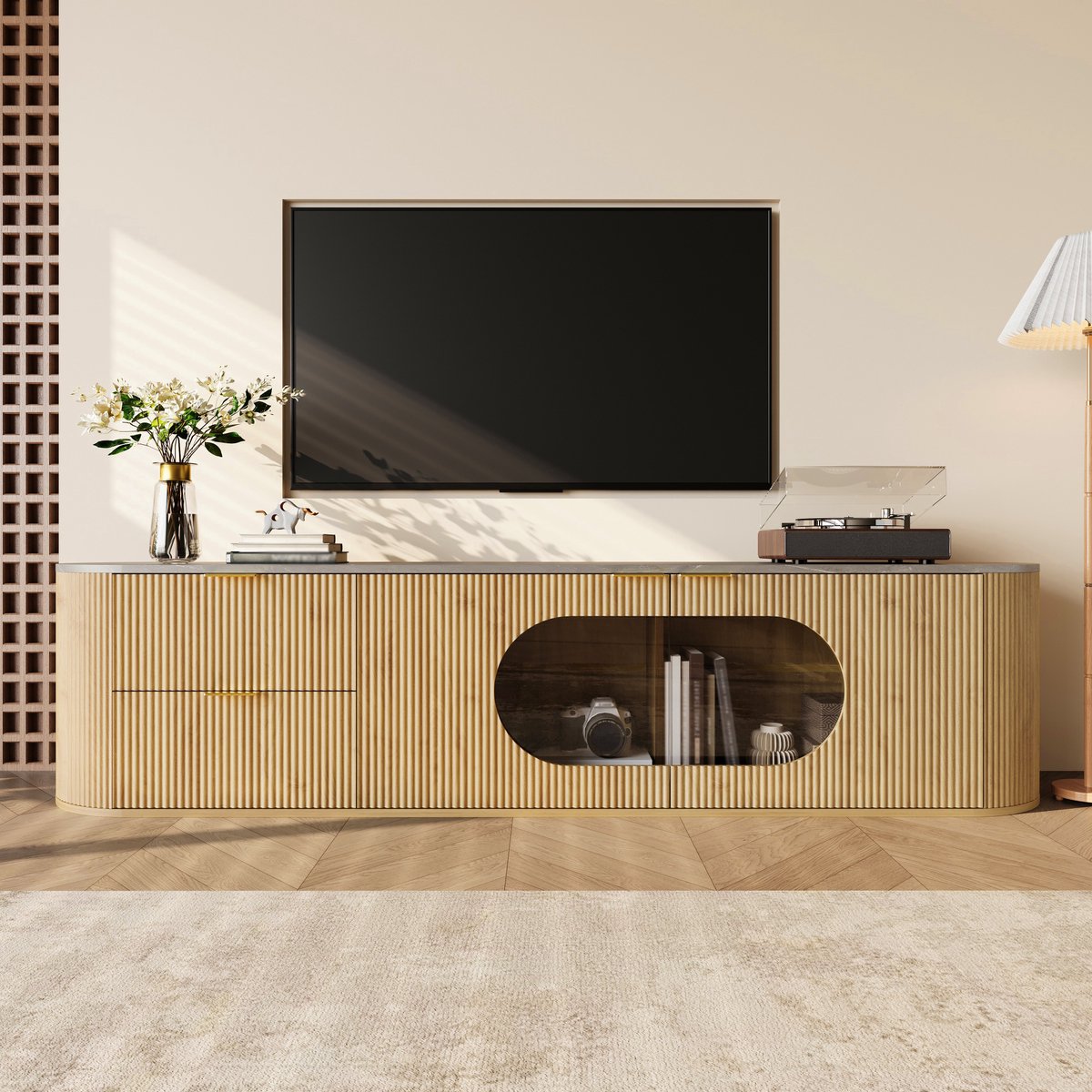 VVBV TV Lowboard met Opbergruimte, Glasaccent - Voor Woonkamer, Deuren - Hout/Glas Grijs