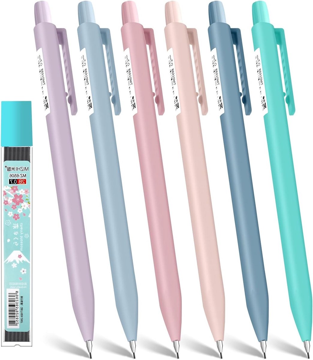 Mechanisch Potlood Set met 6 Potloden van 0.7 mm, Pastel Kleur en Gum, Perfect voor School en Kantoor