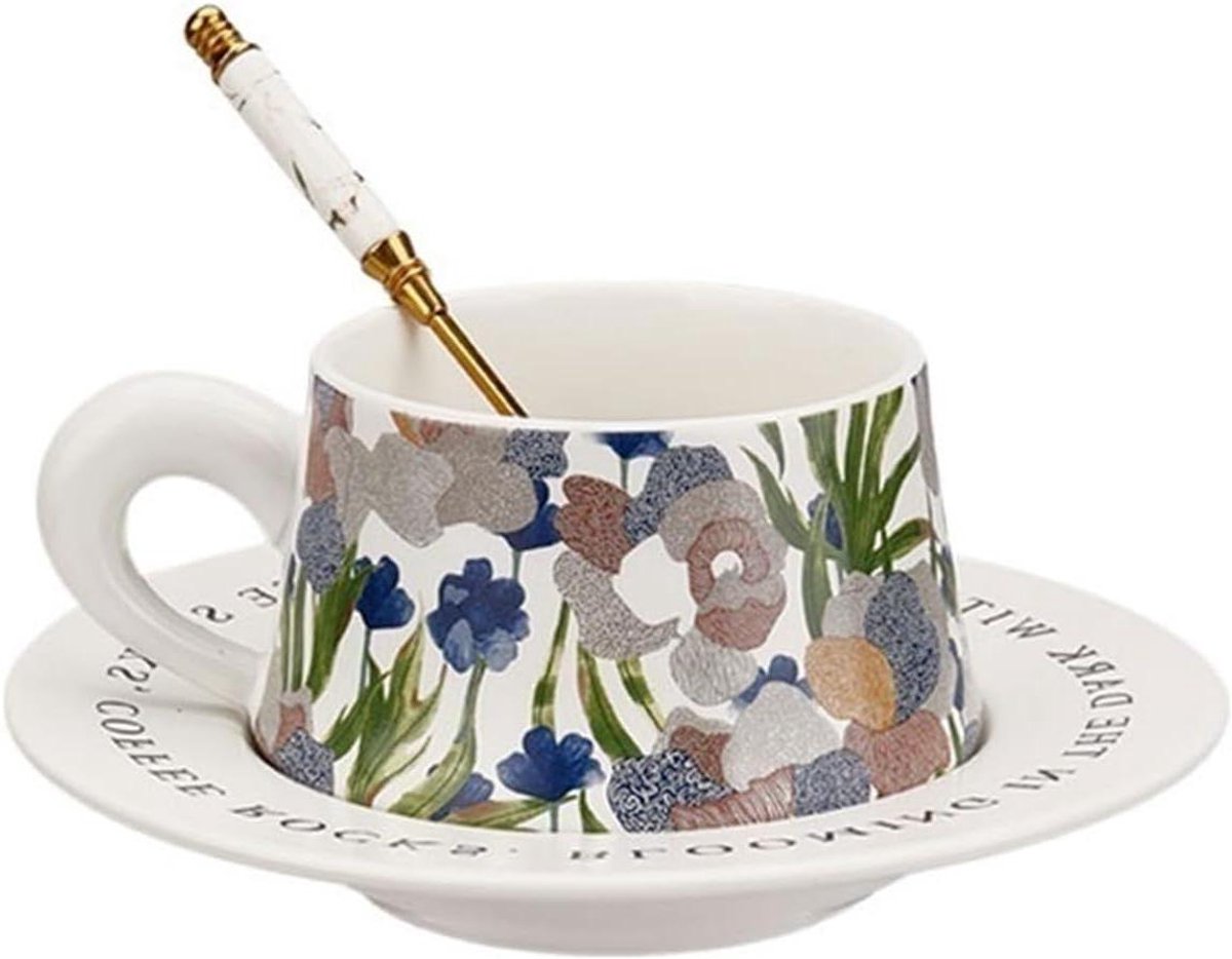 Cappuccino Kop - Koffiemok Schotel - Afternoon Tea - Iris Patroon - 260 ml - Wit