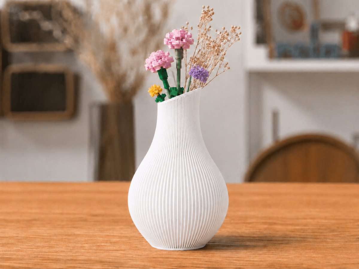 Moderne Organische Design Vaas – Decoratieve Bloemenvaas voor Droogbloemen & Botanical Bloemsets – Ribbel Design – Minimalistische Woondecoratie – Wit – 17,9 CM - Skushy