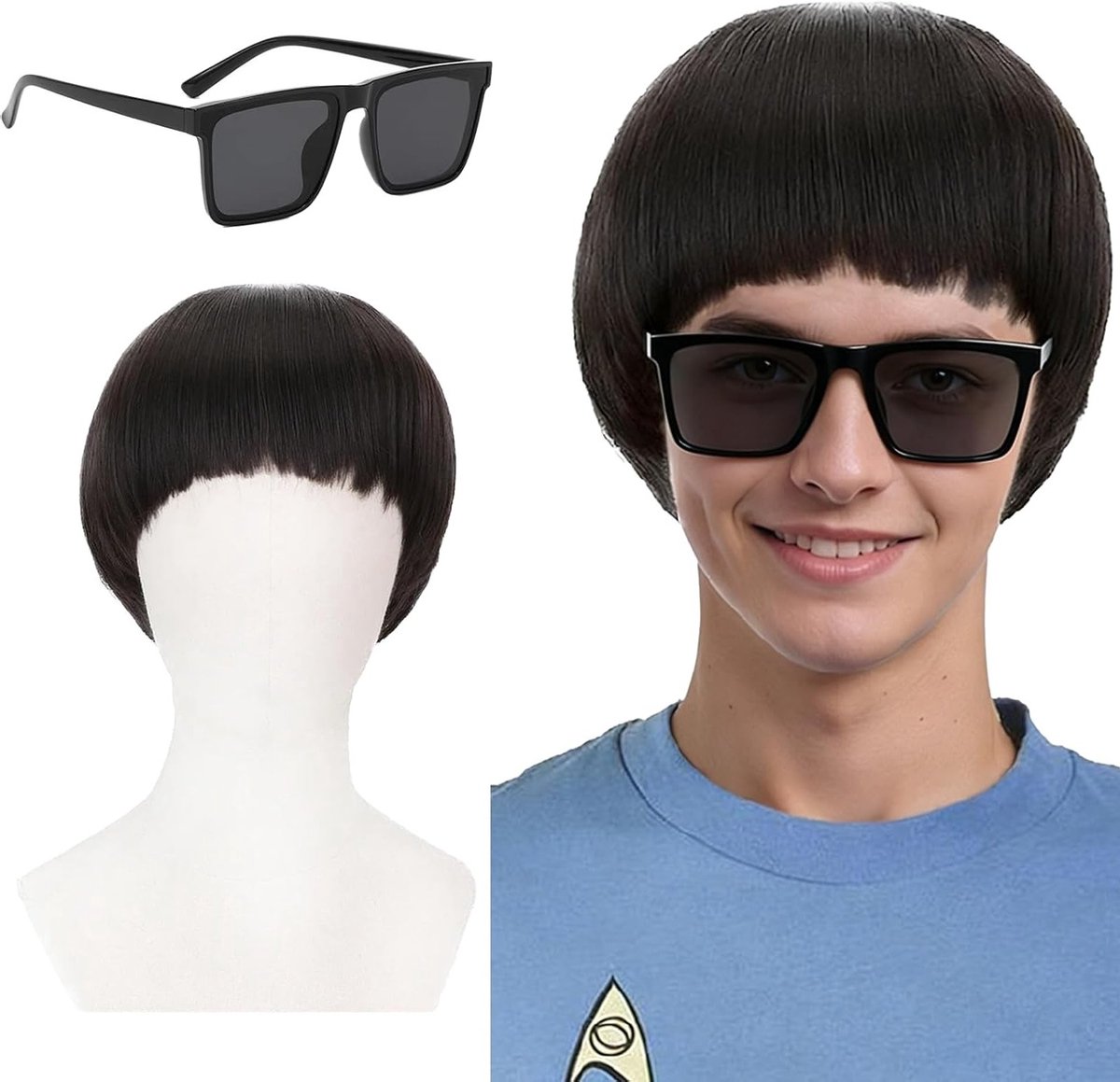 Korte Zwarte Mannenperruque met Rechte Lokken en Pony voor Halloween en Carnaval, Perfect voor 60s, 70s en 80s Kostuums en Cosplay