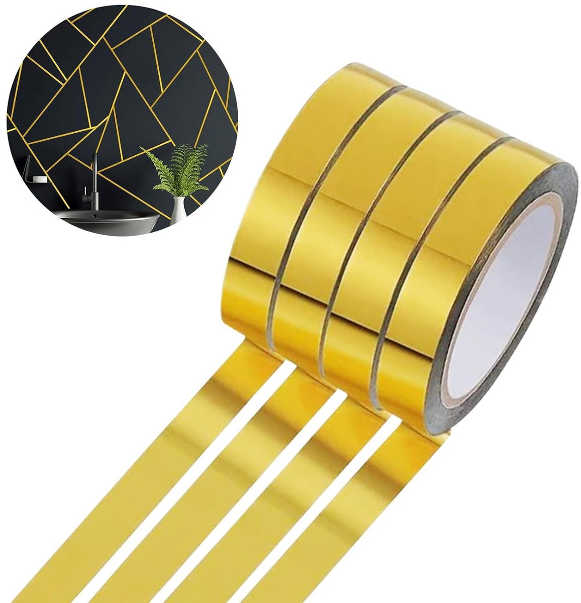 Decoratieve Plakband Set van 4 Rollen in Goud voor Muurdecoratie, Zelfklevend, Perfect voor Kasten en Badkamers, Creatieve Versiering en Cadeaus