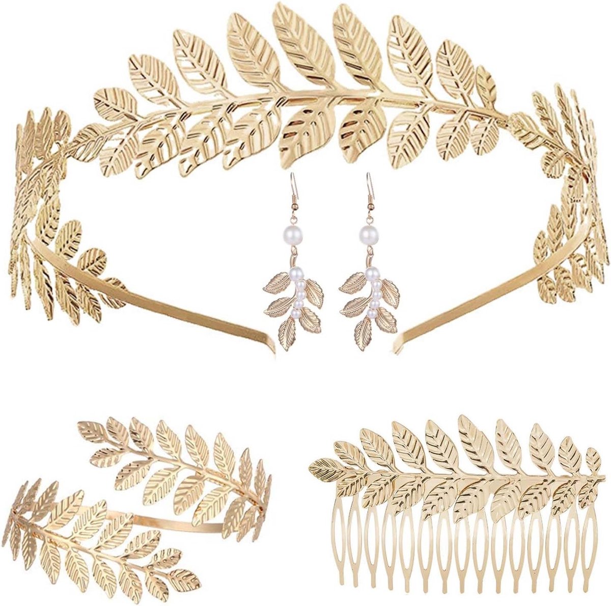 Boho Hoofdband voor Griekse Godin - Romantische Kostuumaccessoires voor Bruiloften, Feesten en Carnaval met Laurierkrans en Armband