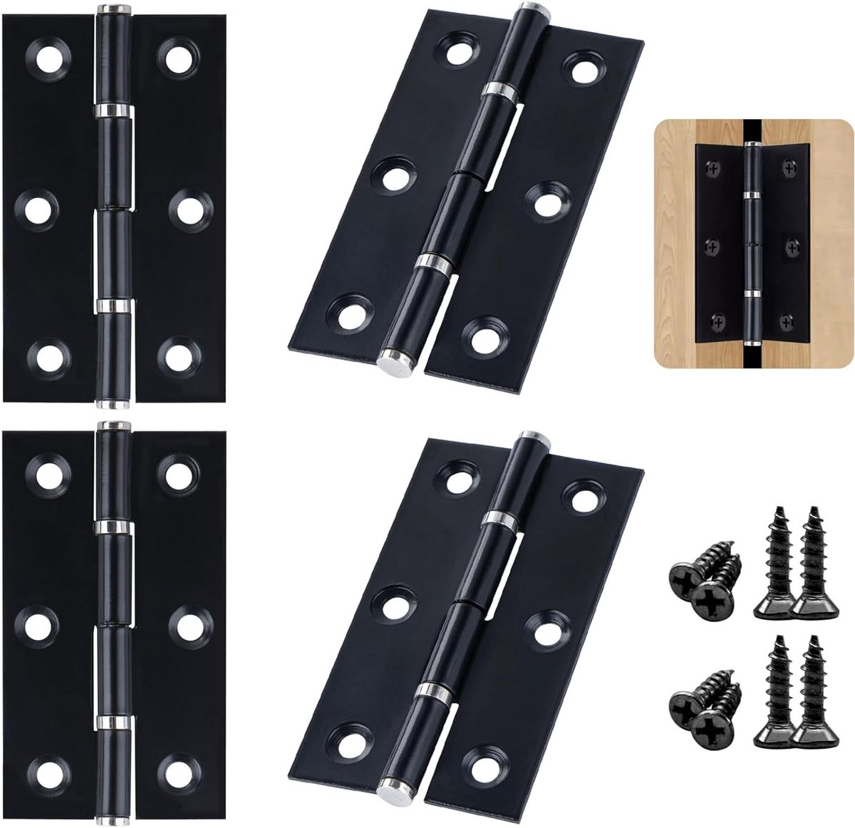 Set van 4 Vouwscharnieren 70 x 40 x 1.3 mm Zwart - Stevige Deurscharnieren met 24 Schroeven en Kogellagers voor Deuren, Ramen en Kasten