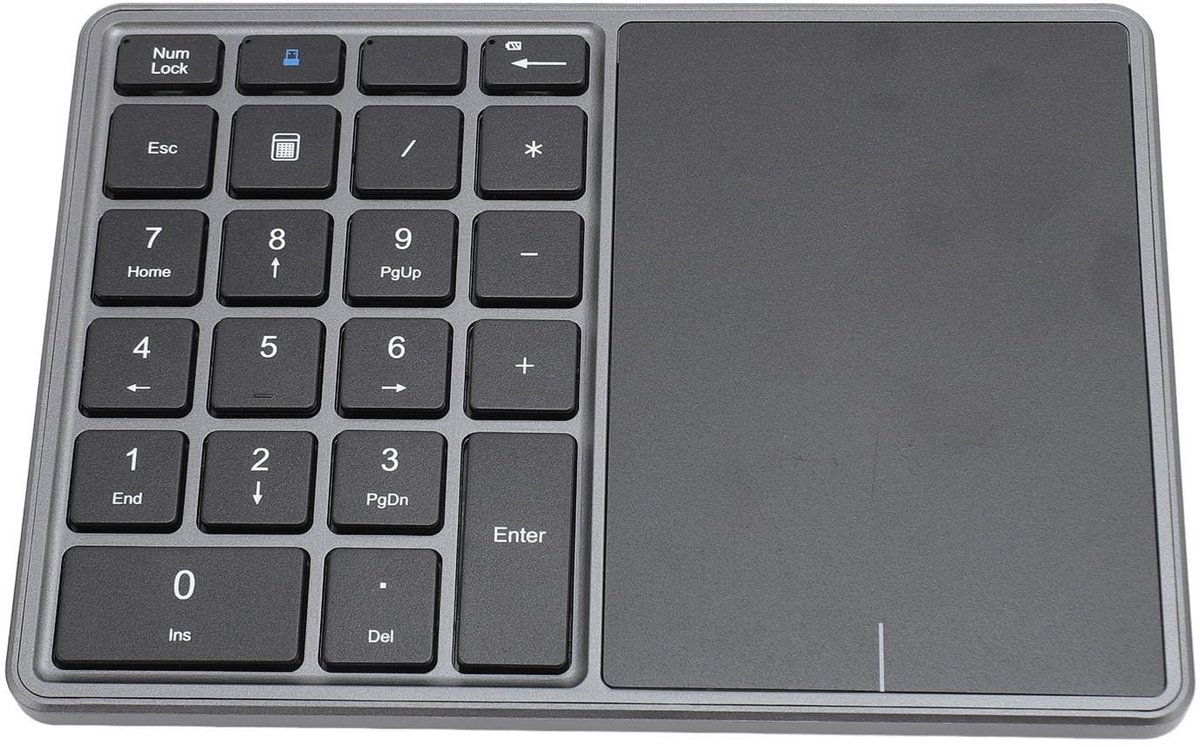 Allecto - Draadloos numeriek toetsenbord - Bluetooth 4.2 - Nummerblok met touchpad - Donkergrijs - 22 toetsen - Geschikt voor laptop, pc, desktop
