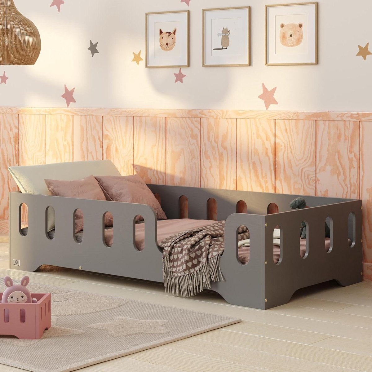 Kinderbed Hout - Montessori Bed Vloerbed - Veilige Slaap - FSC Gecertificeerd Hout - 70x140 cm - Grijs