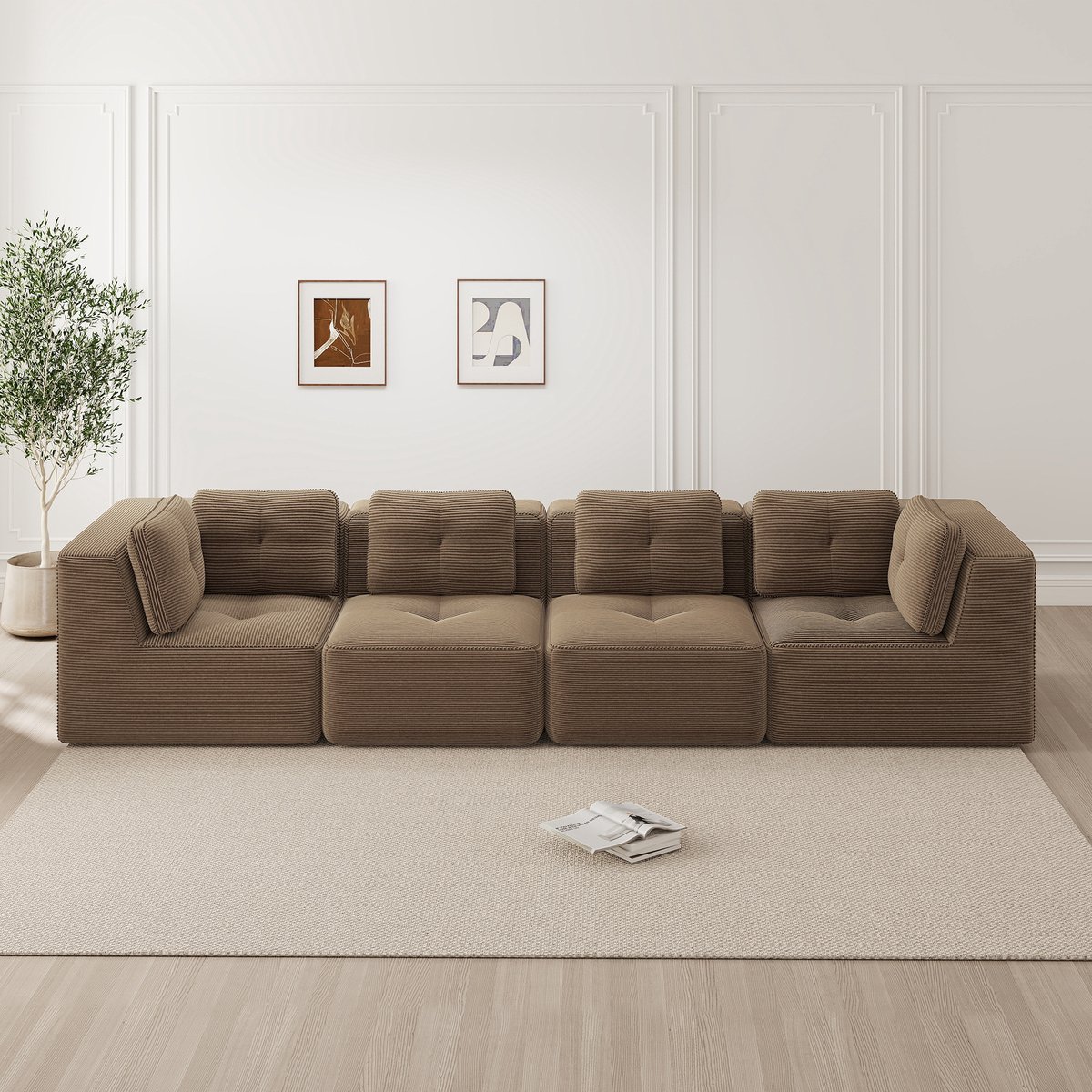 MODFU Modulaire Hoekbank - Antislip Voet - Brede Armleuningen - Modern - Ribstof - Bruin