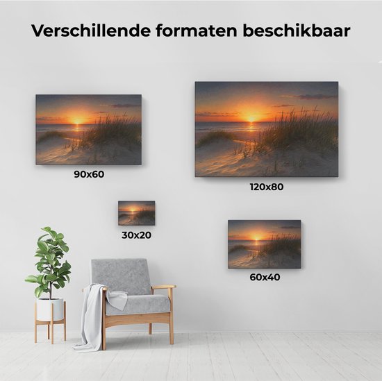 Artaza Canvas Schilderij Zonsondergang Strand - Duinen En Hoog Gras - 120x80 cm - Groot - Wanddecoratie Woonkamer - Schilderijen - Muurdecoratie