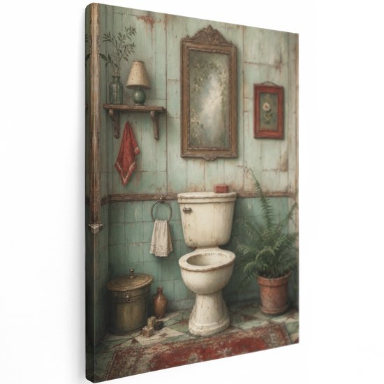 Artaza Tableau sur toile Toilettes Vintage - Ambiance Salle de Bain Verte - 30x40 cm - Petit - Décoration Murale Salon - Tableaux - Décoration Murale