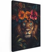 Artaza Tableau sur Toile Lion avec Couronne de Fleurs - Coloré et Exotique - 90x120 cm - Grand - Décoration Murale Salon - Tableaux - Décoration Murale