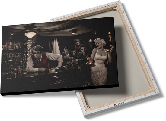 Canvas schilderij van Marilyn Monroe, Elvis Presley en Humphrey Bogart in een café, met opdruk achterkant.