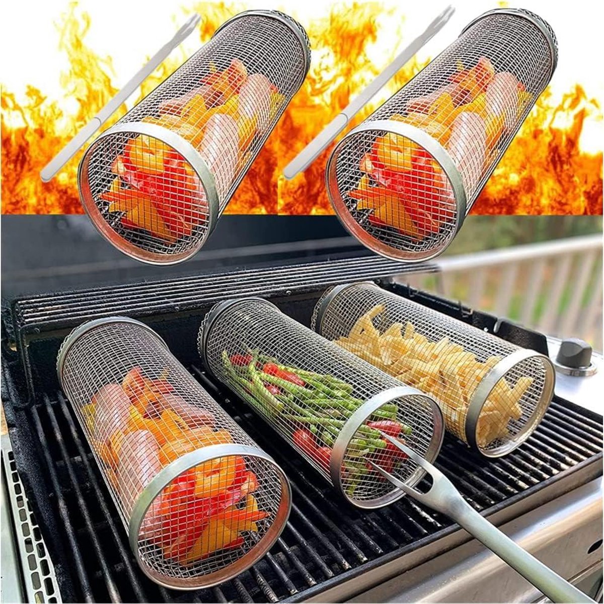 Grillmand Cilinder - BBQ Rolmand - Groenten Grillen - Roterend Design - 20 cm - Zilver