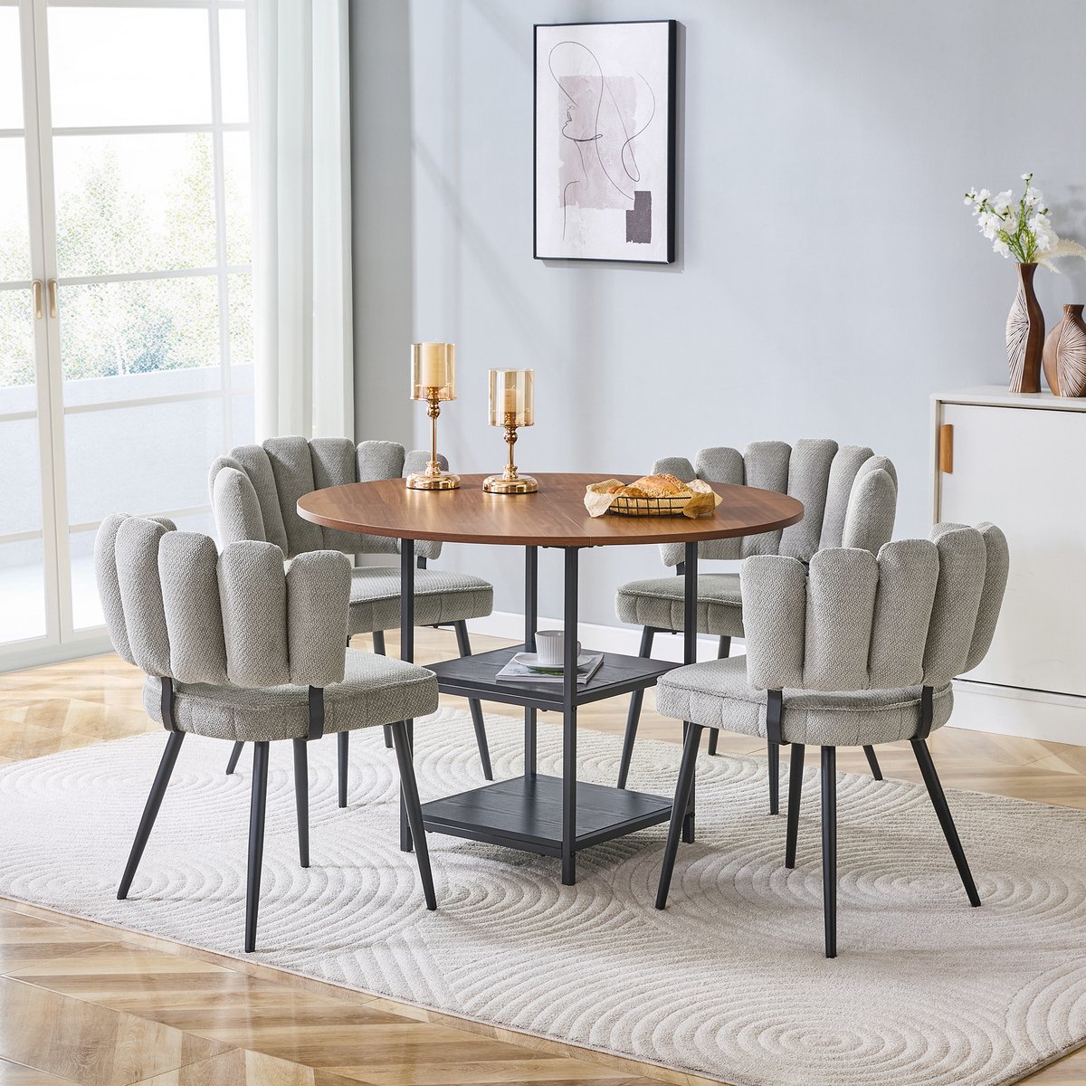 Tafel- en stoelenset. Ronde eettafel van 107 cm in walnootkleur met dubbel opbergvak + 4 g