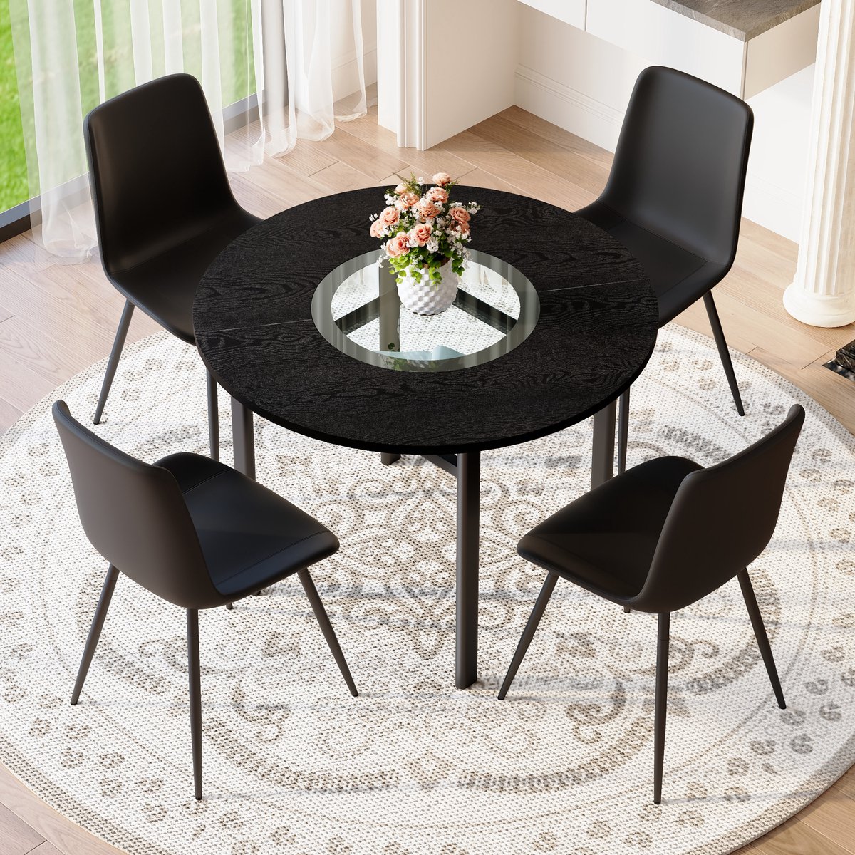 Minimalistische ronde tafelset (met 4 zwarte fauteuils van PU-materiaal en brede comfortabele zitkussens), ronde tafel met een diameter van 100 cm in zwart houtlook, geschikt voor de woonkamer etc.
