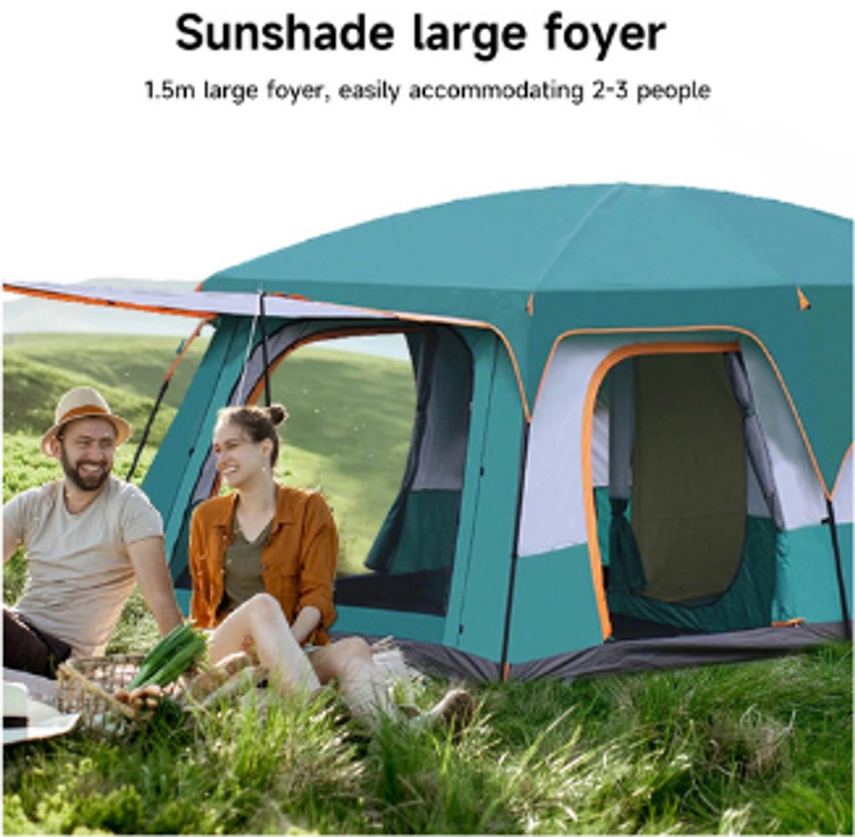 Tent-Camping tent-Tunnelcampingtent voor 3-12 Personen -2 kamer kampeertent met slaapcabine- UV-bescherming- waterdicht- opvouwbaar-Groen. – foto 4