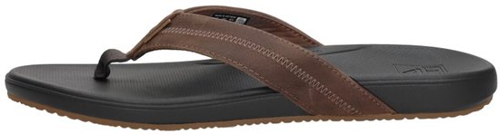 Zijzicht van een zwarte Reef slipper met bruine leren band.