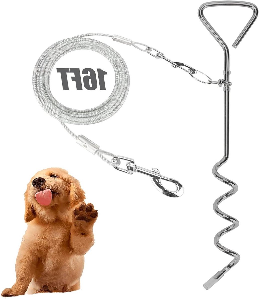 Honden Grondpen - Aanlijn Set - Veilig Buiten - Reflecterende Stake - 16 voet Kabel - Zilver