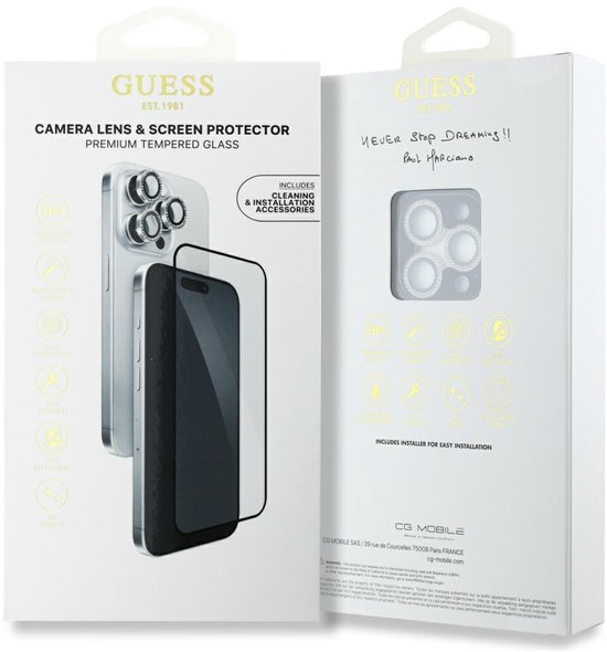 Doos met Guess logo, met een afbeelding van een telefoon en schermbeschermer.