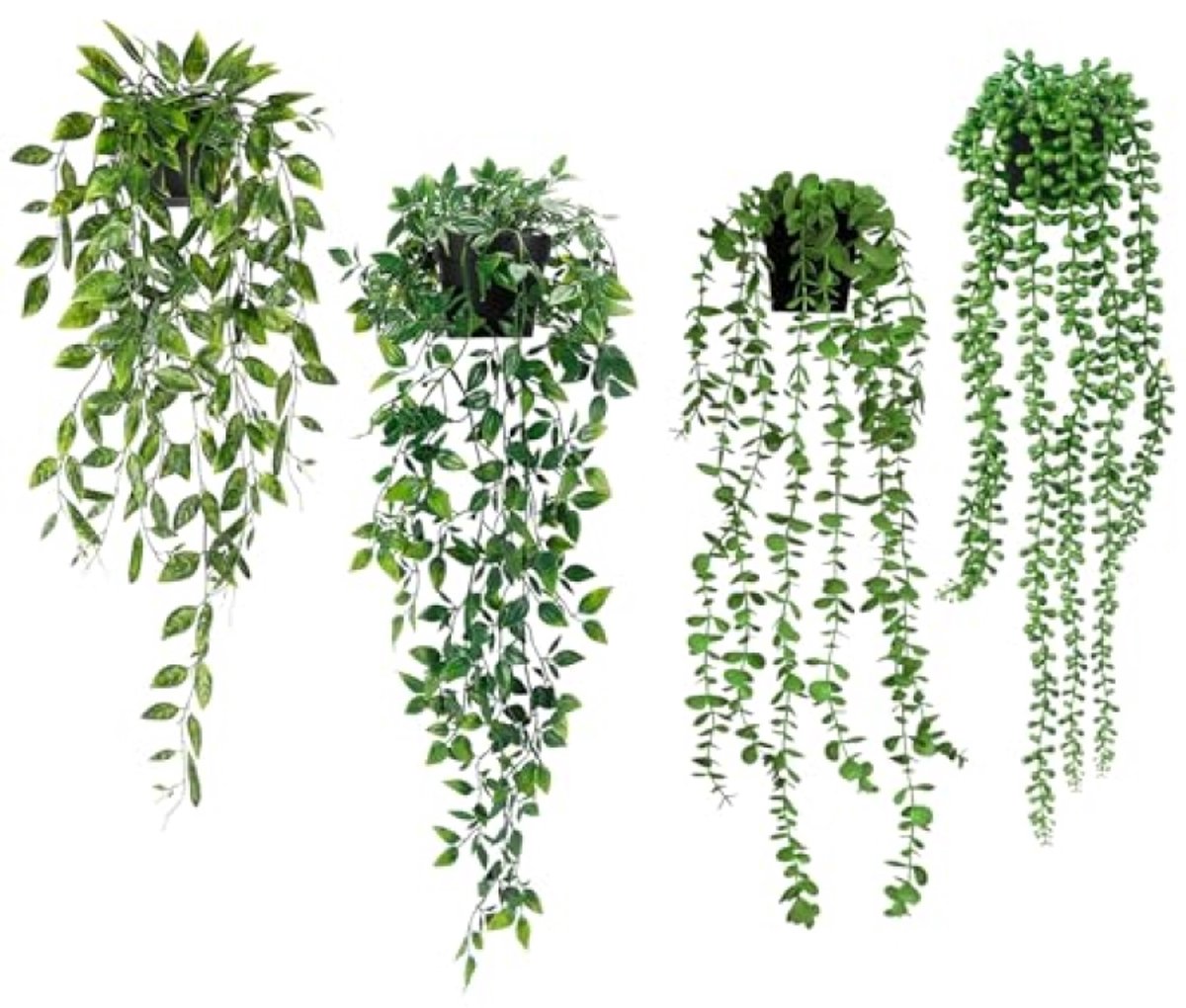 PromoHome 4 stuks hangende kunstplanten met pot - Eucalyptus, Mandala, Erwtenblad en Parelsnoer - Groene kunstplanten voor binnen en buiten decoratie