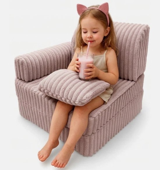 Modulaire Slaapbank voor Kinderen Roze ribfluweel – Uitklapbare Kinderbank van Zacht Schuim – Kindersofa, Kinderfauteuil en Matras voor Kinderkamer