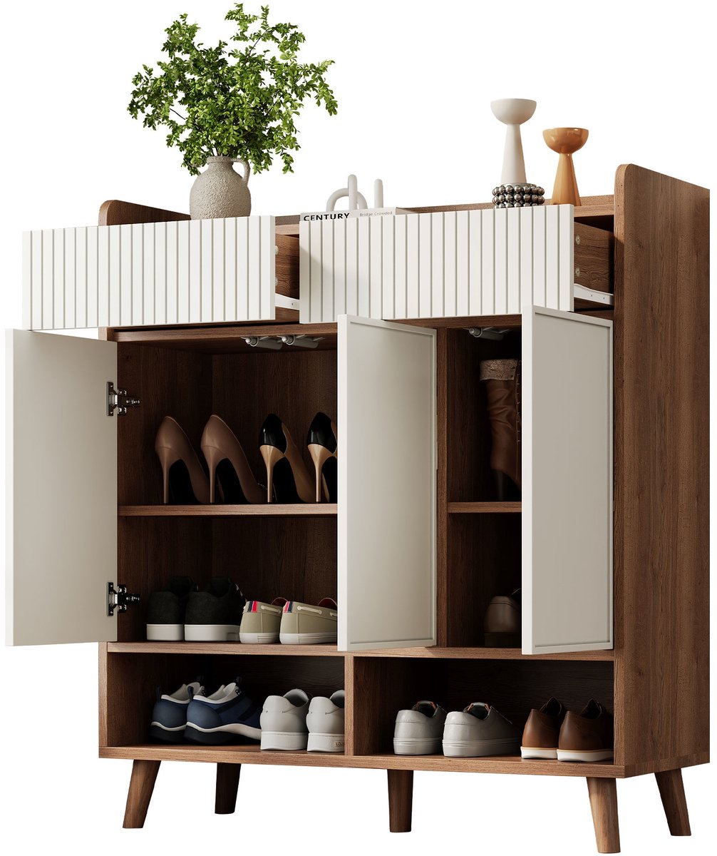 Merax Schoenenkast 90 cm - Dressoir met 3 Deuren 2 Lades en Open Vakken - Schoenenopbergkast met Houten Poten Wit Houtlook