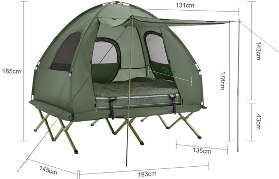 Archi 2-Persoons kampeertent - Tent - Kamperen - 4-in-1 - Stapelbed - Incl. luchtbed & slaapzak - Met draagtas op wielen - Groen — afbeelding 5