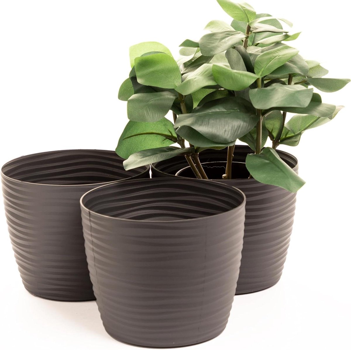 Plantenpotten Set - Bloempotten Binnen - Kamerplanten Decoratie - Uniek Golfontwerp - Set van 3 - Steenkleur