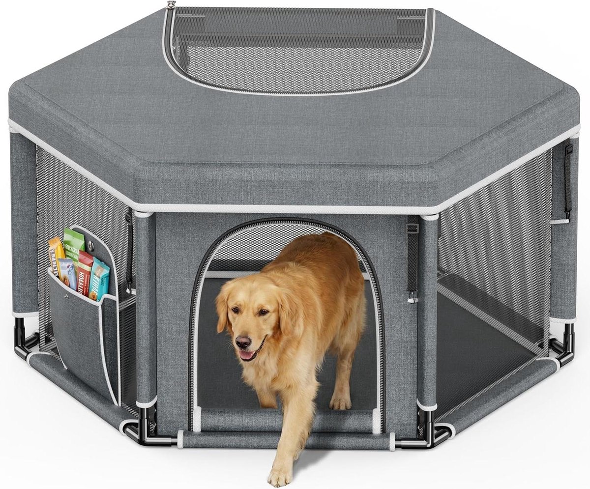 Puppyren Zeshoekig - Hondenren Puppybox - Veilig Spelen - Ademend Gaasdoek - 122 x 65 cm - Grijs