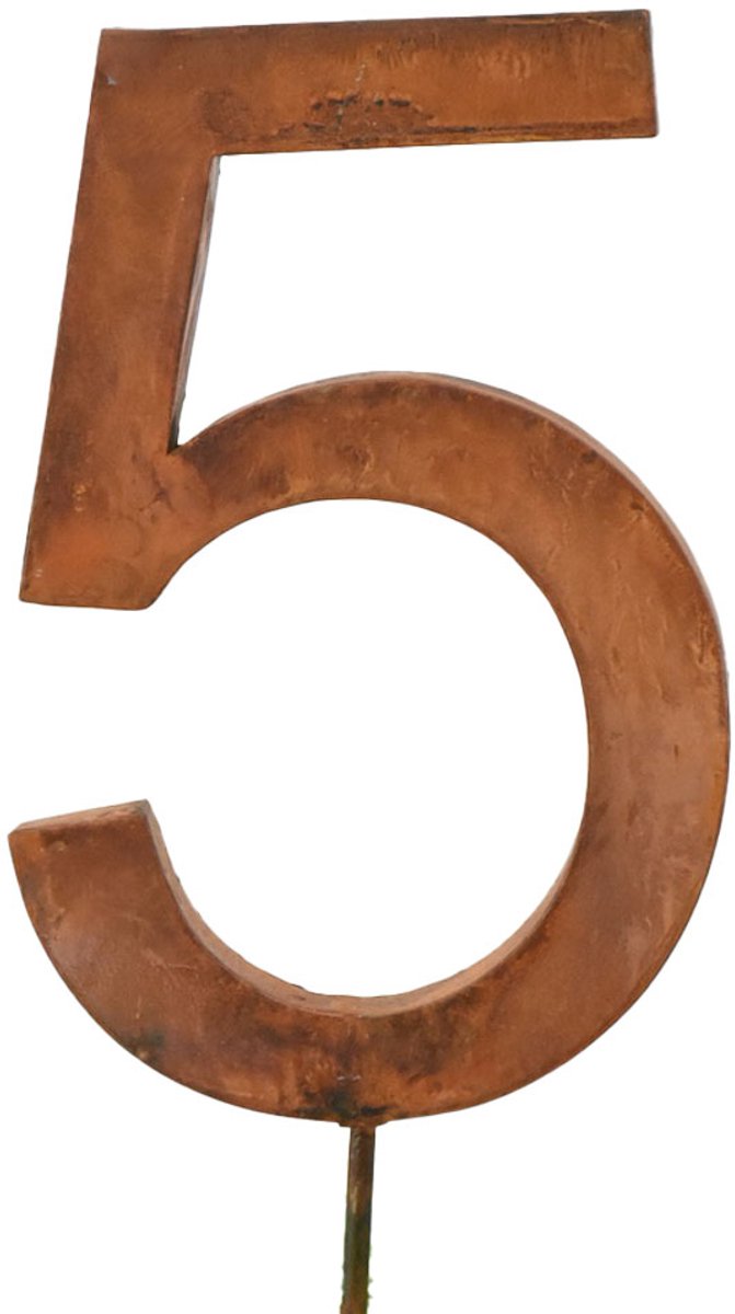 UNUS® Metalen huisnummer 5 met staaf en ophangoog 60 cm roestlook