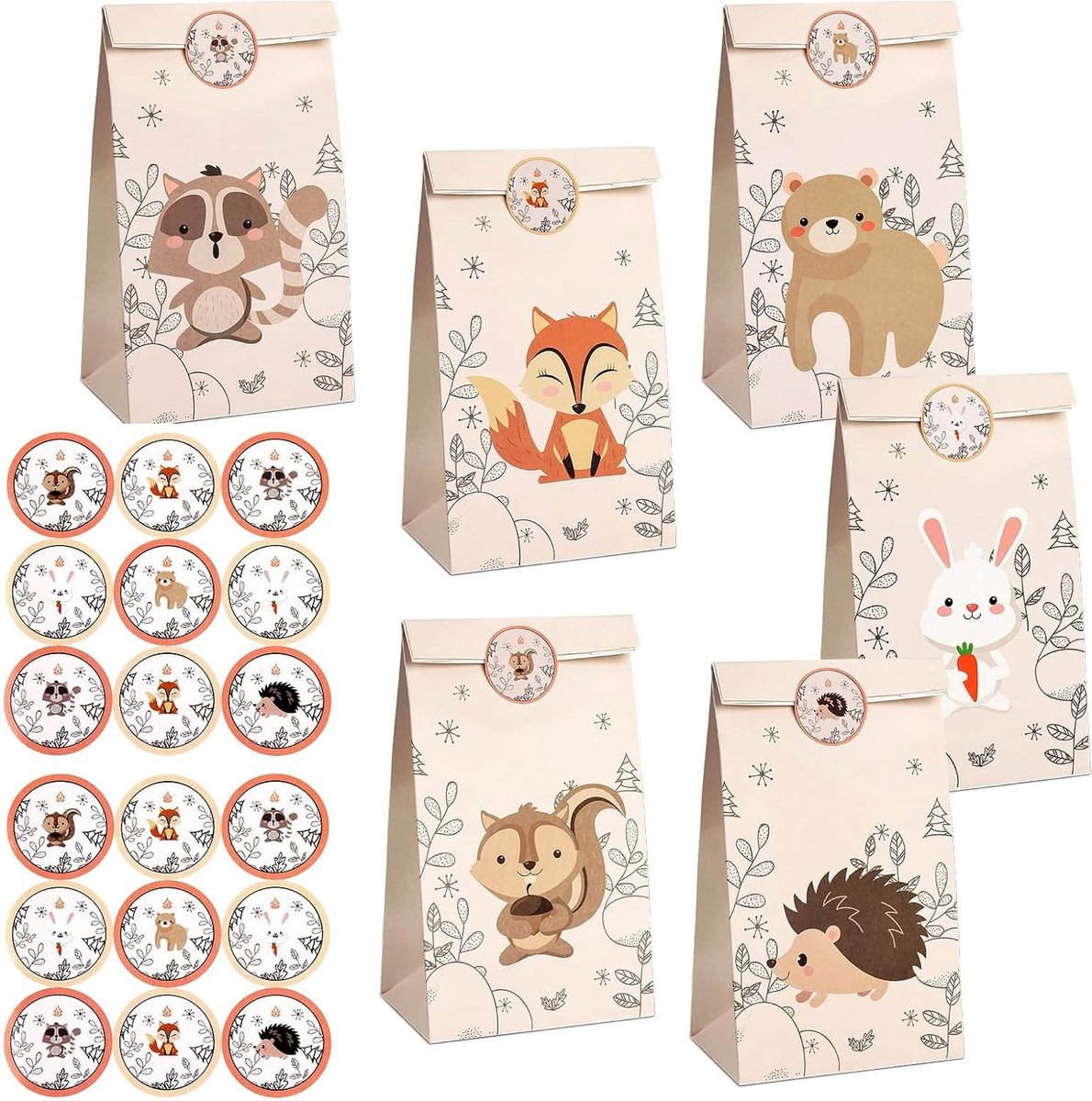 Set van 12 Dieren Cadeauzakken voor Kinderen, Verjaardag Papieren Tassen met Stickers, Ideaal voor Feesten en Kerst, 22 x 12 x 8 cm