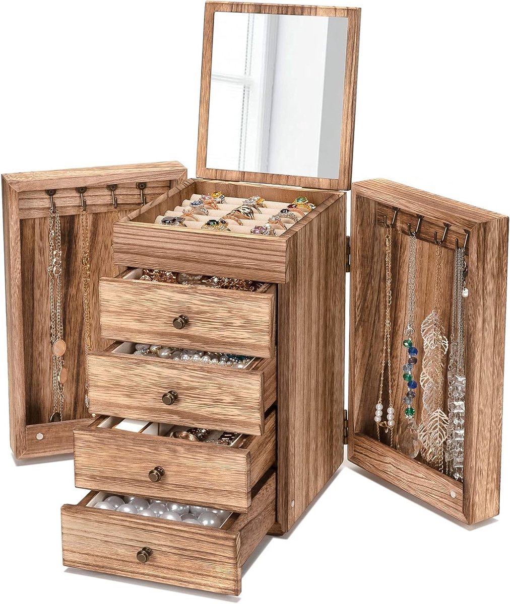 Sieradenbox met Spiegel en 4 Lades, Houten Organiser met Grote Capaciteit voor Kettingen, Oorbellen en Ringen in Vintage Stijl, Rustiek Bruin